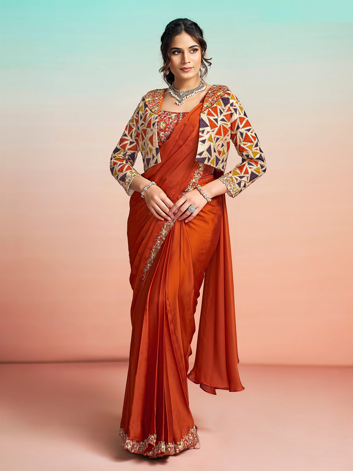 Rust orange designer ready to wear saree with jacket