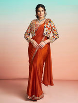 Rust orange designer ready to wear saree with jacket