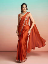 Rust orange designer ready to wear saree with jacket