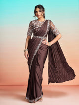 Brown embellished ready to wear satin silk saree with belt