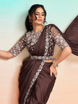 Brown embellished ready to wear satin silk saree with belt