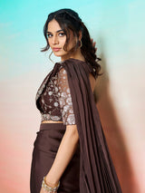 Brown embellished ready to wear satin silk saree with belt