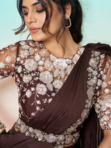 Brown embellished ready to wear satin silk saree with belt