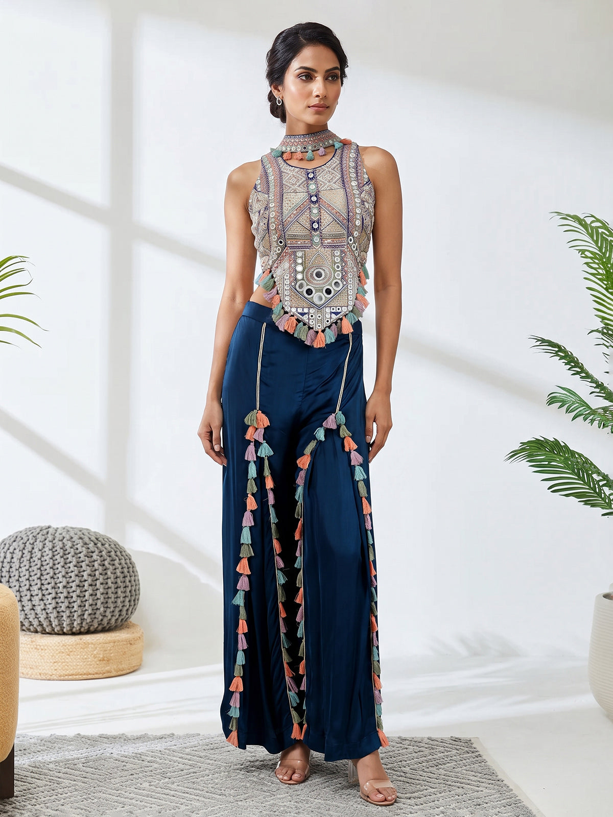 Navy blue satin silk indo western palazzo suit