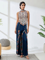 Navy blue satin silk indo western palazzo suit
