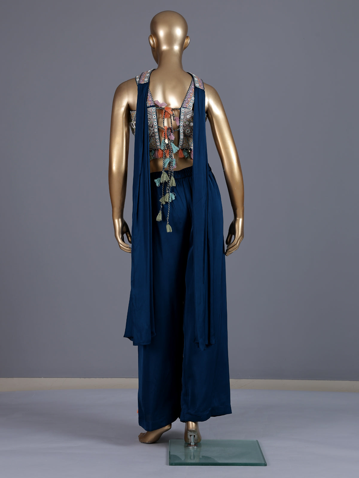 Navy blue satin silk indo western palazzo suit