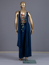 Navy blue satin silk indo western palazzo suit