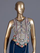 Navy blue satin silk indo western palazzo suit