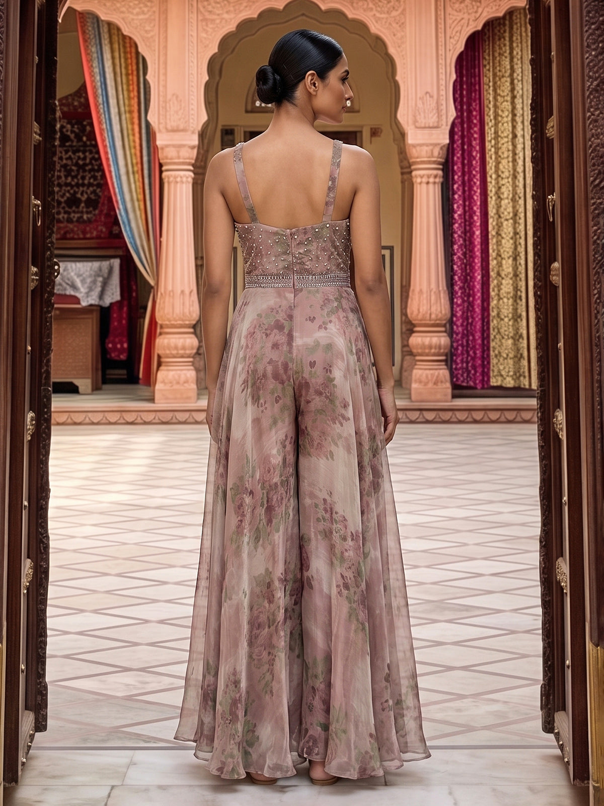 Lilac printed chiffon georgette designer for festive occasions
