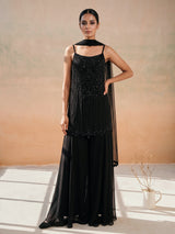 Black georgette silk embellished sharara suit with dupatta