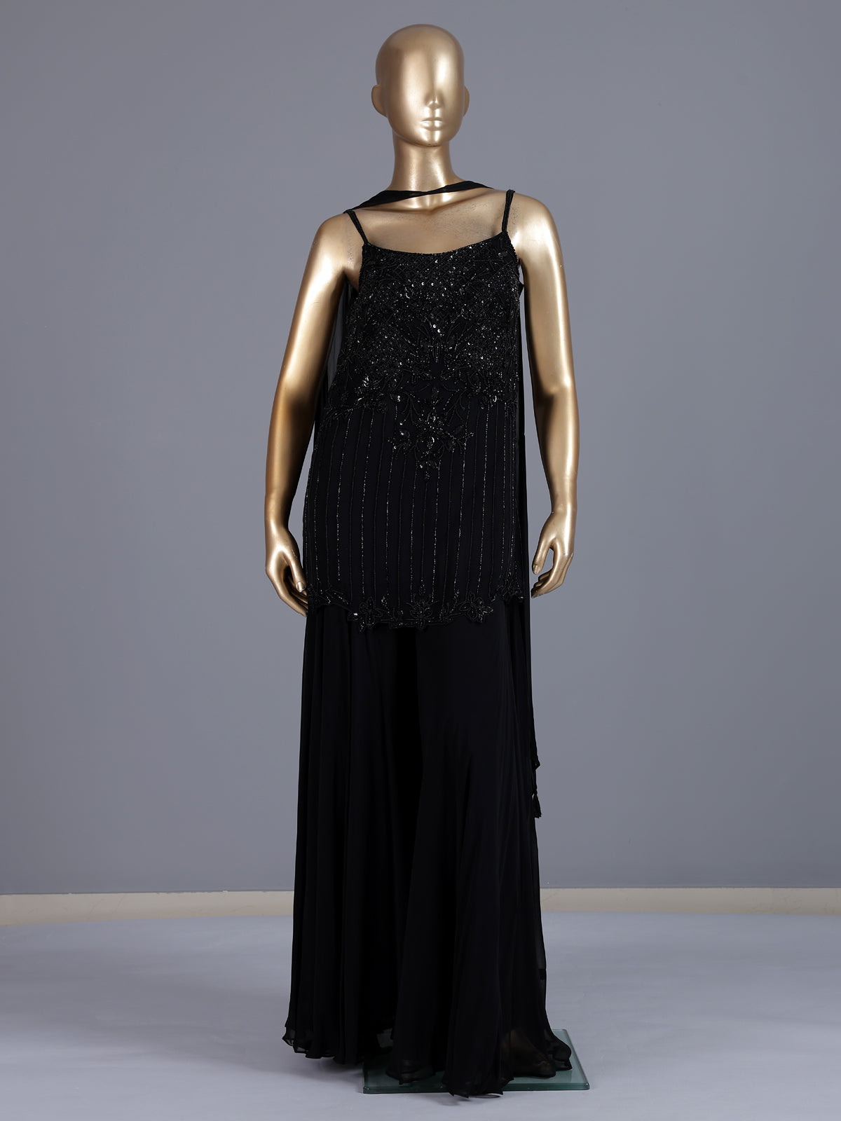 Black georgette silk embellished sharara suit with dupatta