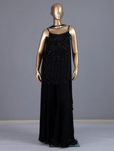 Black georgette silk embellished sharara suit with dupatta
