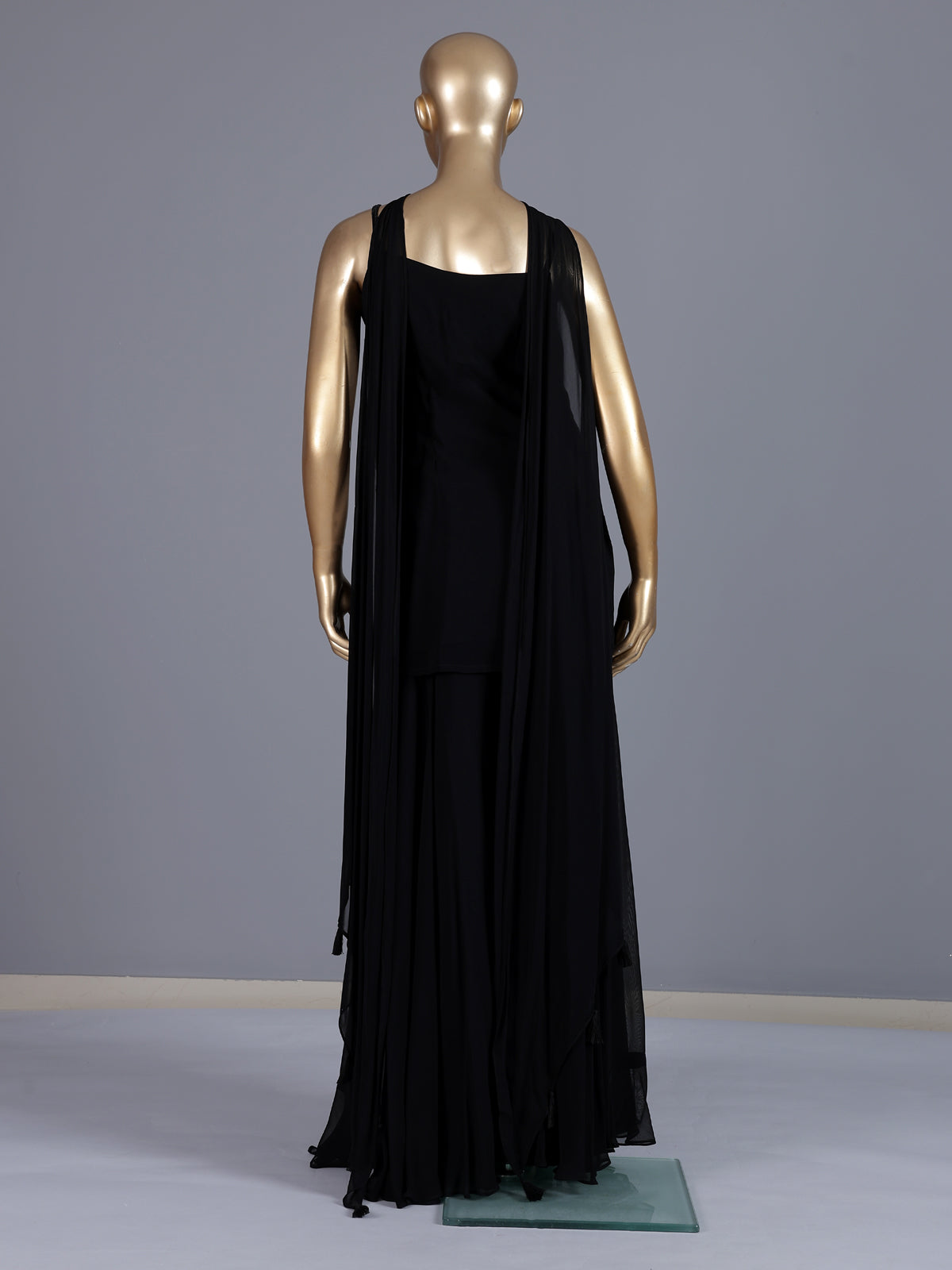 Black georgette silk embellished sharara suit with dupatta