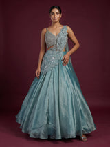 Aqua satin silk fringe designer lehenga choli outfit