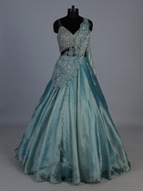 Aqua satin silk fringe designer lehenga choli outfit