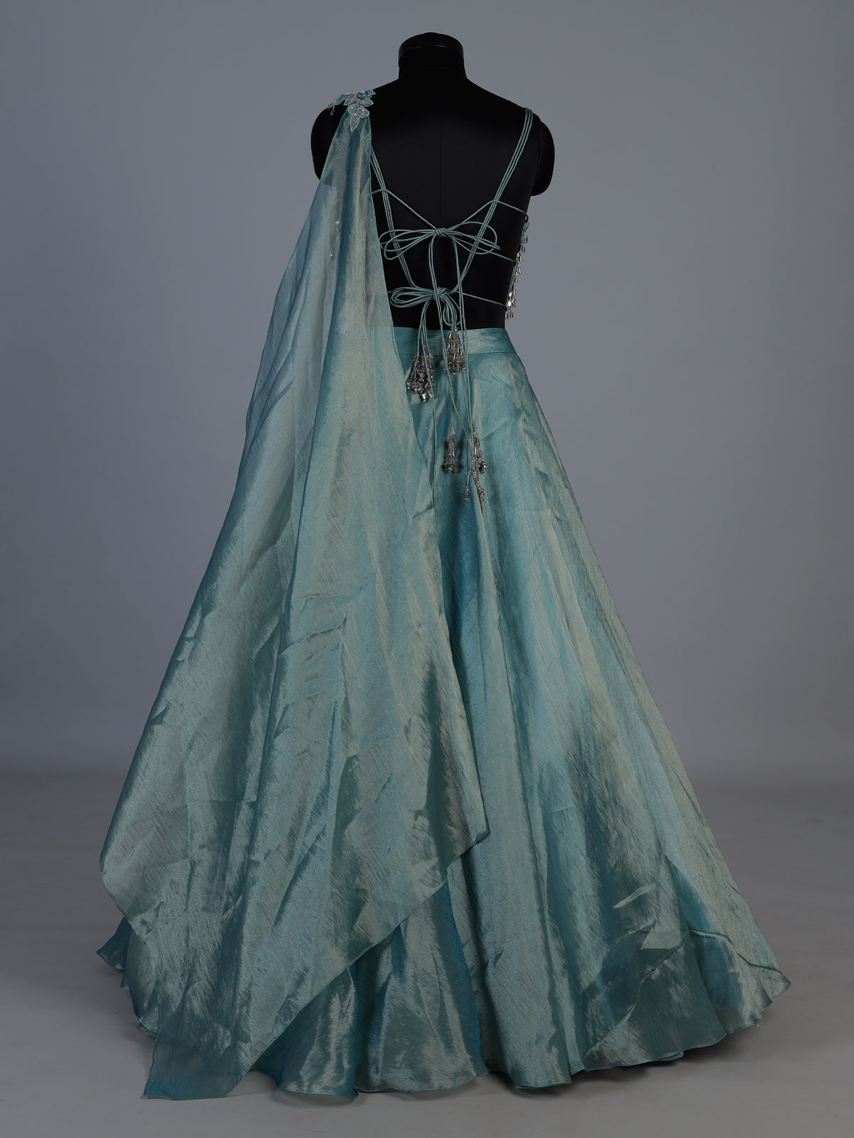 Aqua satin silk fringe designer lehenga choli outfit