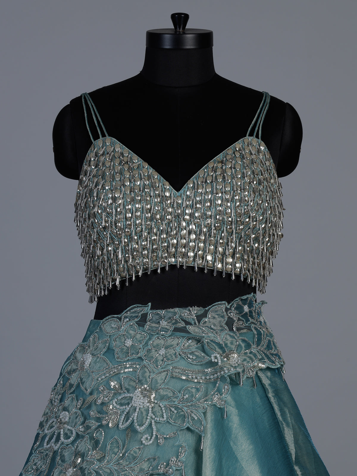 Aqua satin silk fringe designer lehenga choli outfit