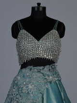 Aqua satin silk fringe designer lehenga choli outfit