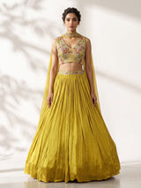 Yellow chinon silk haldi lehenga choli with choker