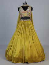 Yellow chinon silk haldi lehenga choli with choker