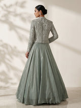 Sea green jacket style taffeta silk lehenga choli