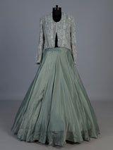 Sea green jacket style taffeta silk lehenga choli