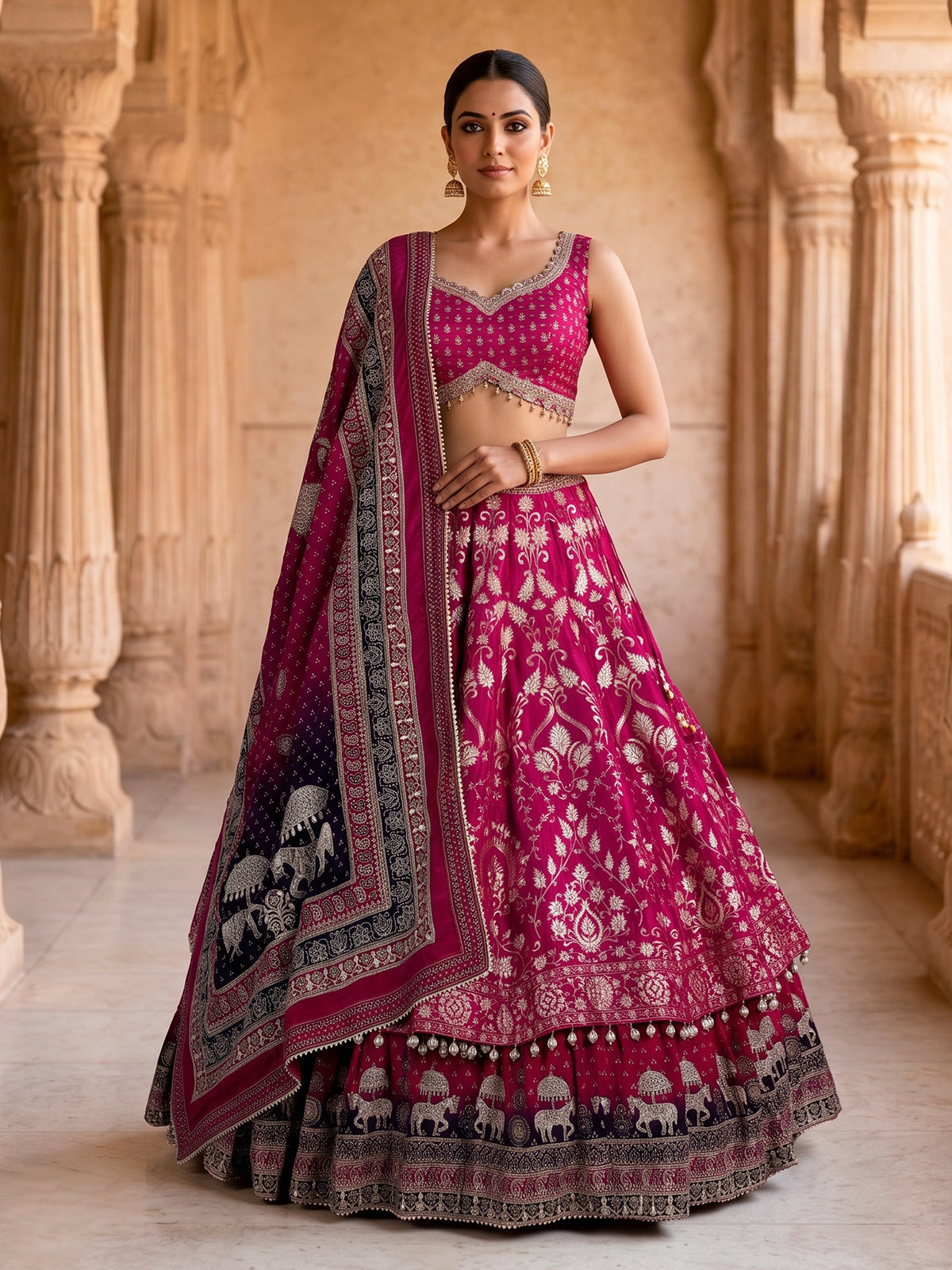 Rani pink banarasi silk printed bridal lehenga choli