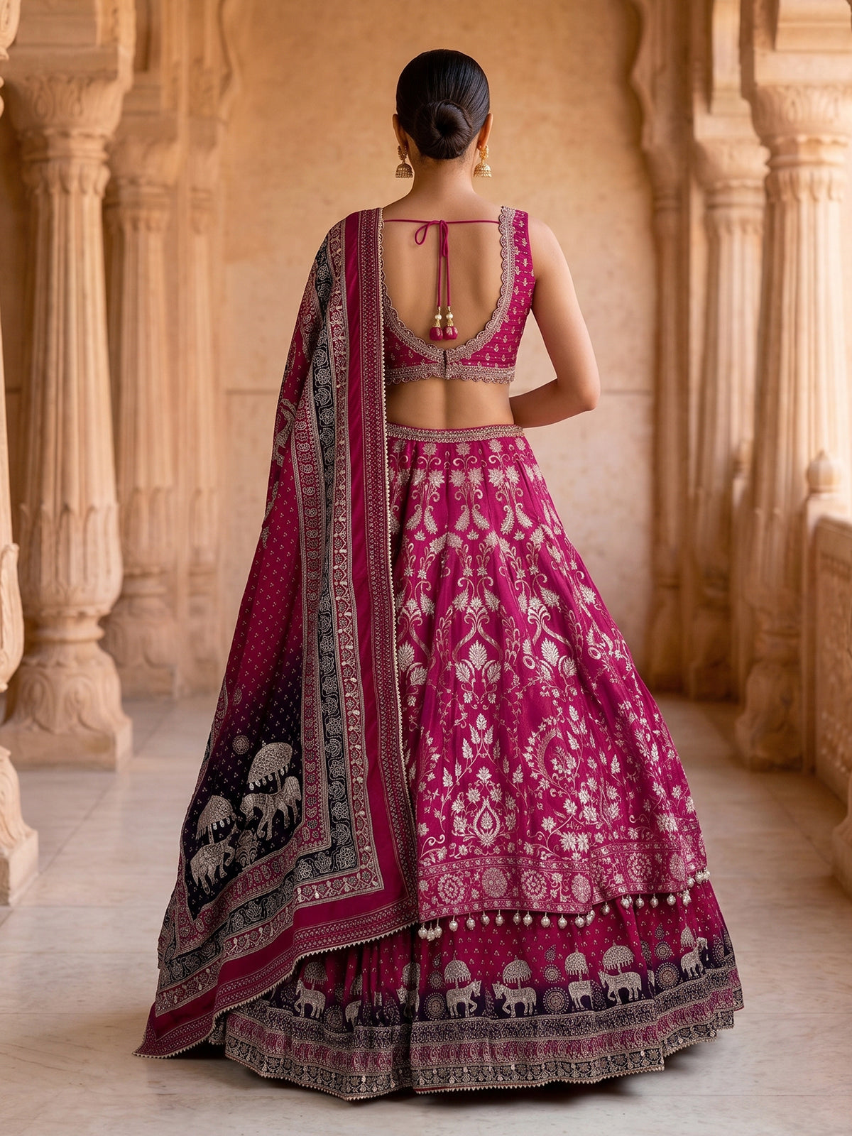 Rani pink banarasi silk printed bridal lehenga choli