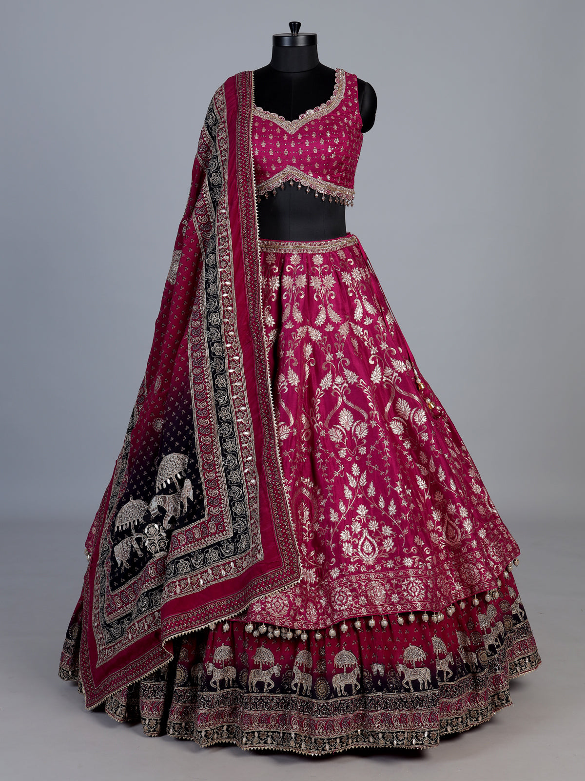 Rani pink banarasi silk printed bridal lehenga choli