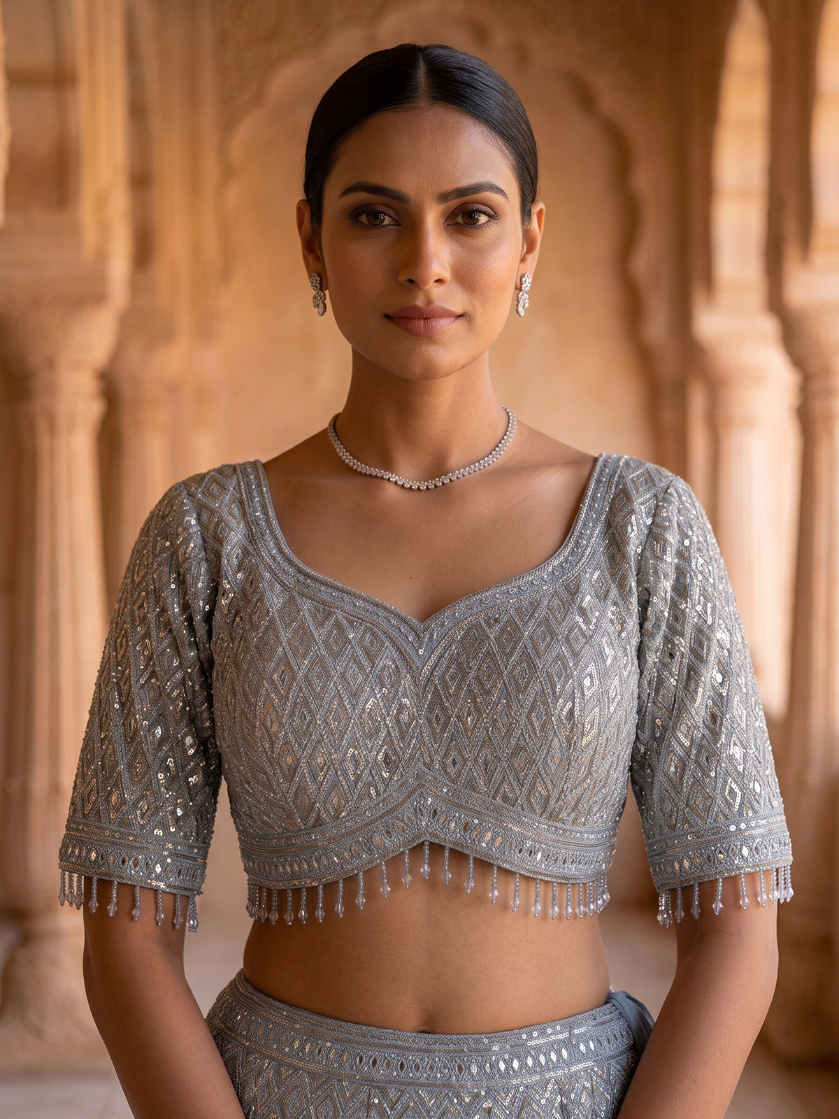 Grey embroidered net wedding lehenga choli for women