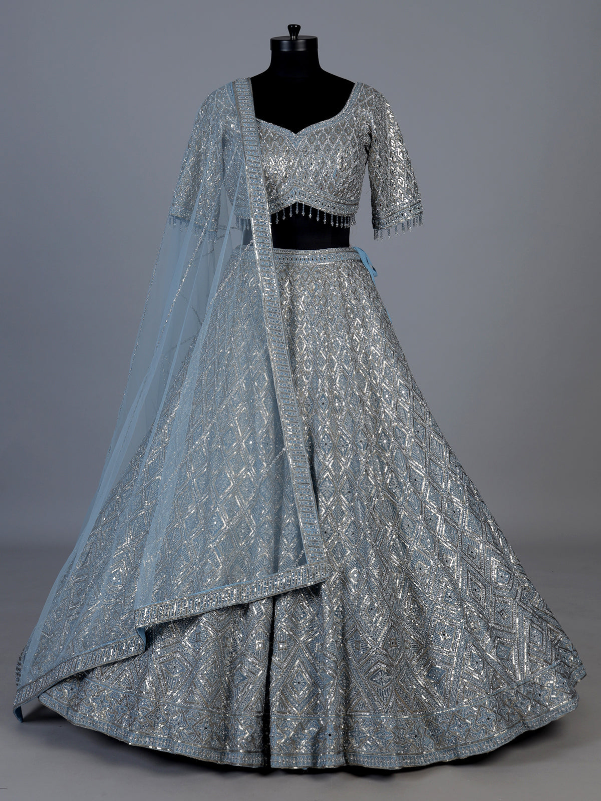 Grey embroidered net wedding lehenga choli for women
