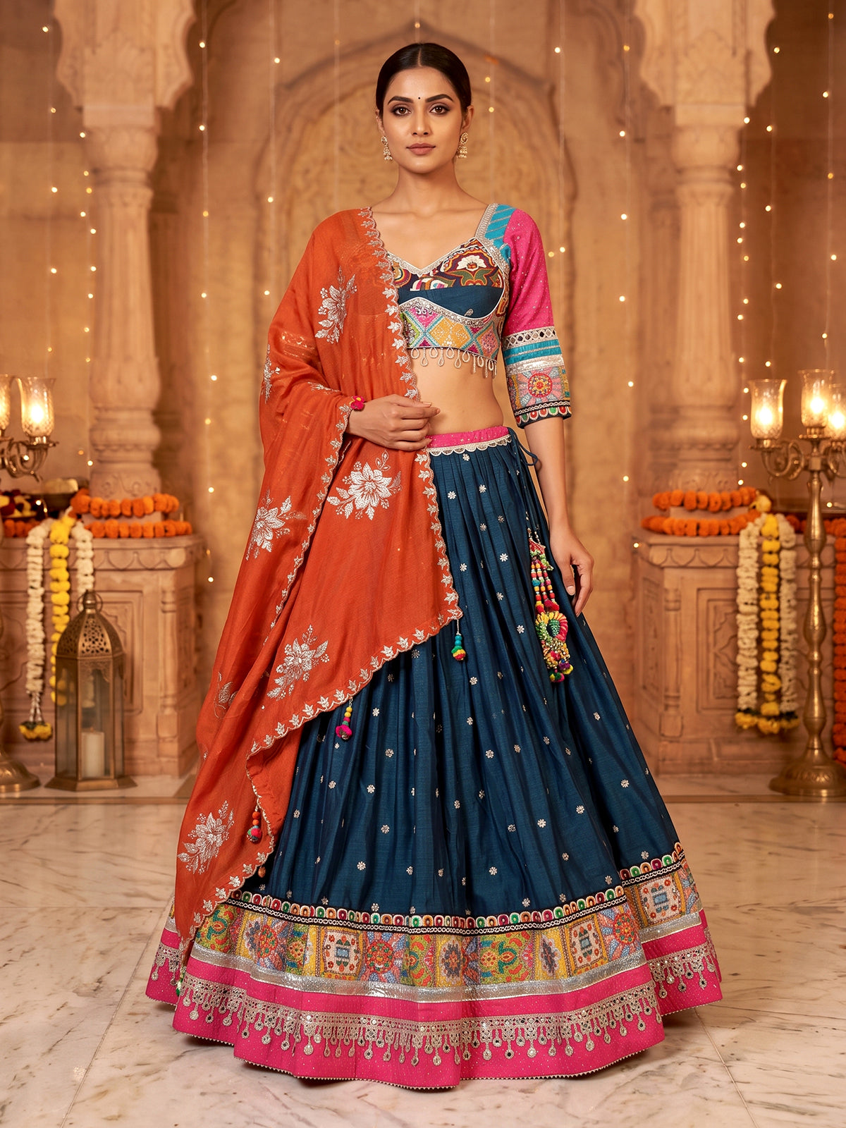 Blue embroidered silk garba lehenga choli with dupatta