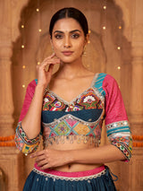 Blue embroidered silk garba lehenga choli with dupatta