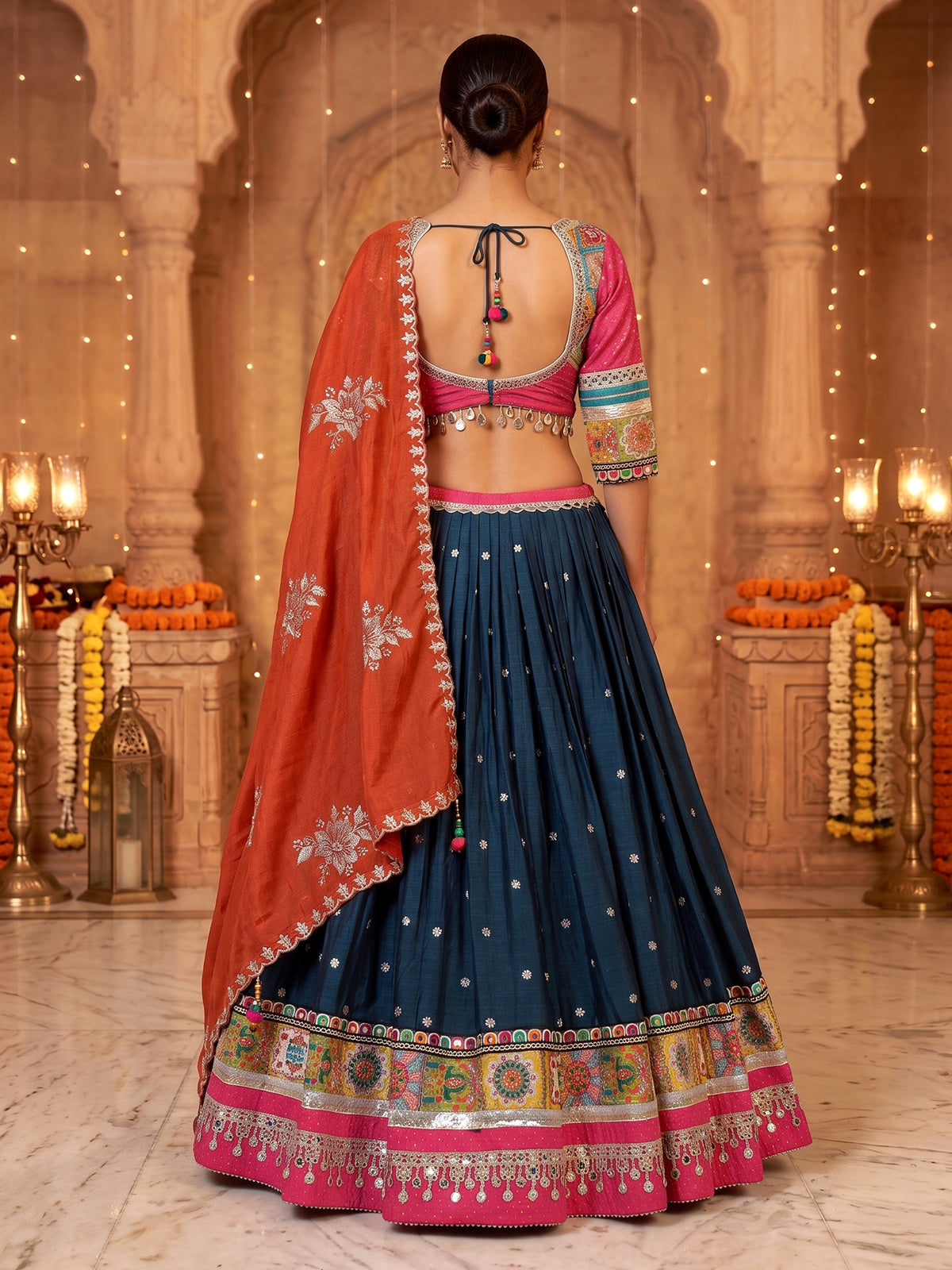 Blue embroidered silk garba lehenga choli with dupatta