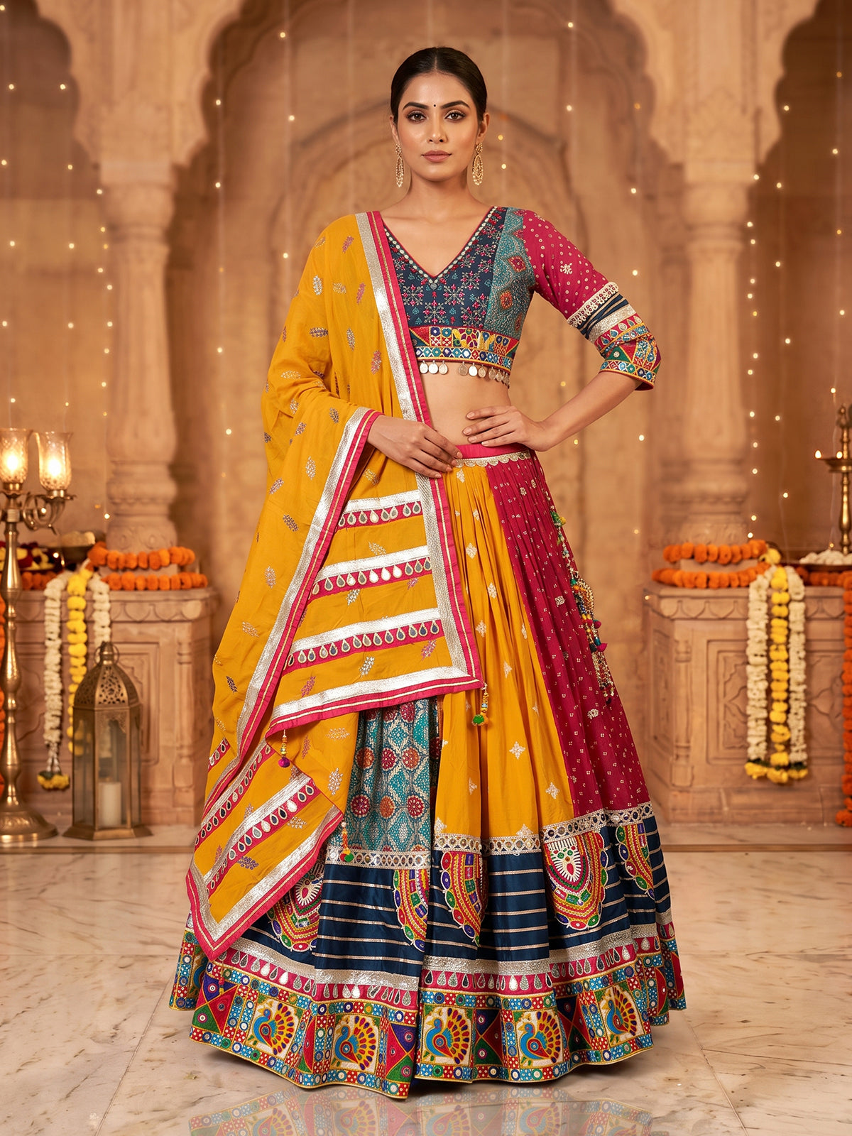 Yellow embroidered silk georgette festive lehenga choli