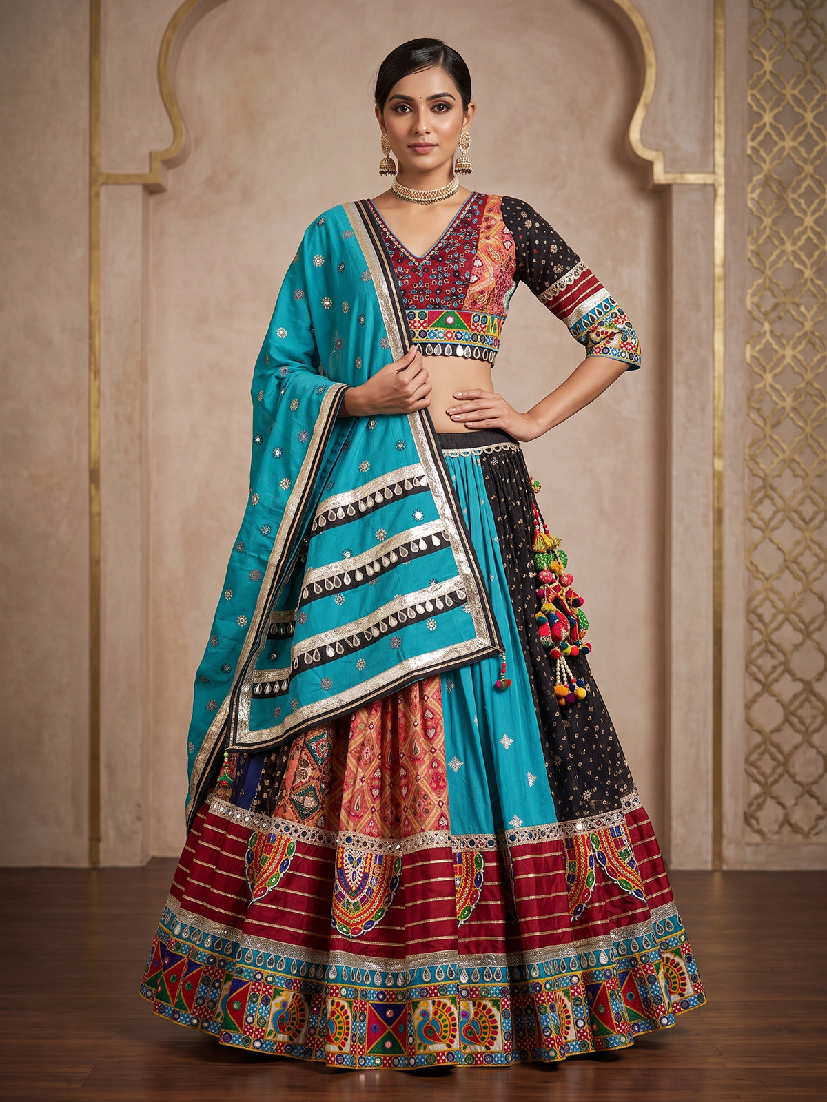 Blue printed silk georgette navratri lehenga choli