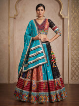 Blue printed silk georgette navratri lehenga choli