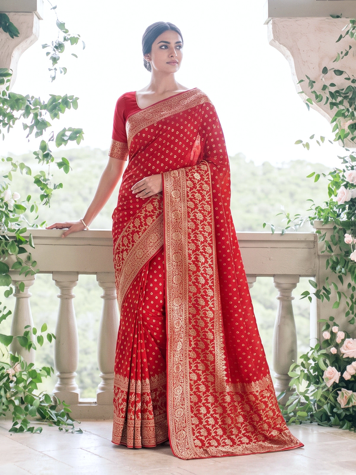 Red festive dola silk saree with heritage zari craftsmanship