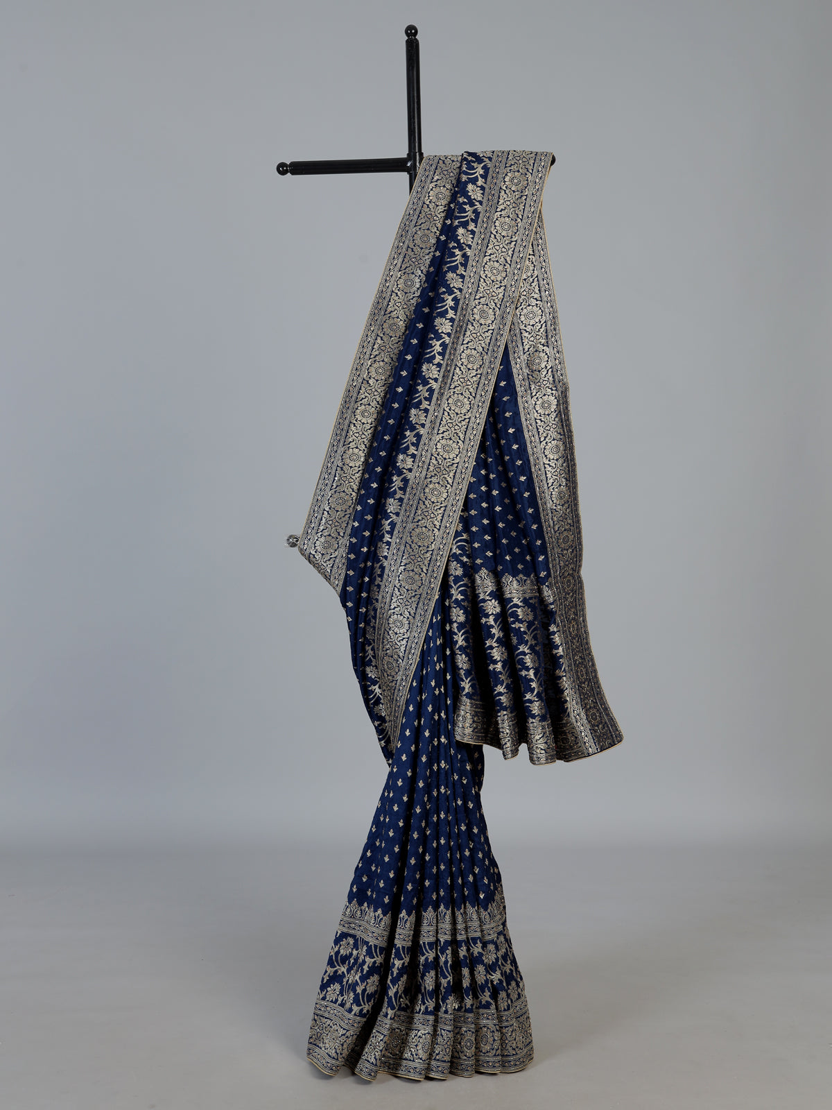 Blue designer dola silk saree with luxurious floral zari weaving