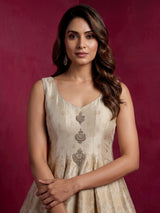 Ivory silk sleeveless anarkali salwar suit with elegant dupatta