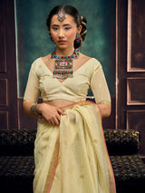 Cream luxury munga silk occasion wear saree
