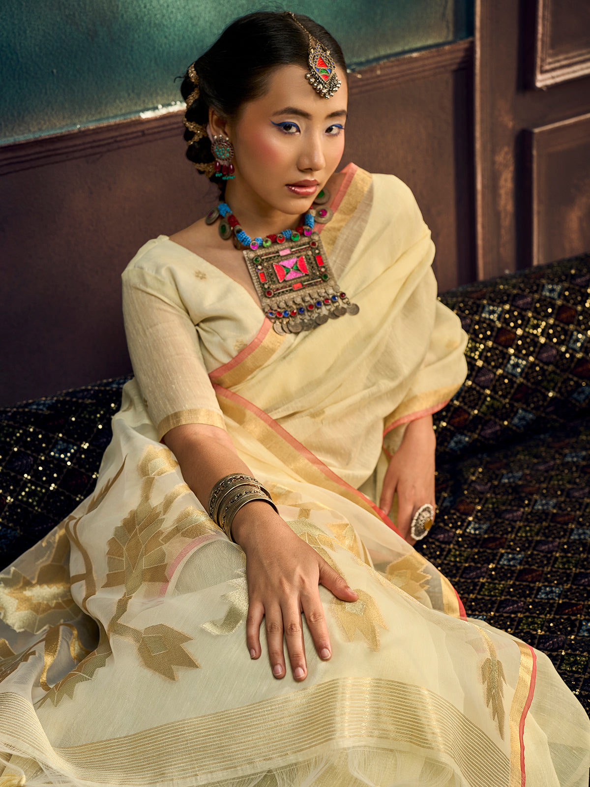 Cream luxury munga silk occasion wear saree