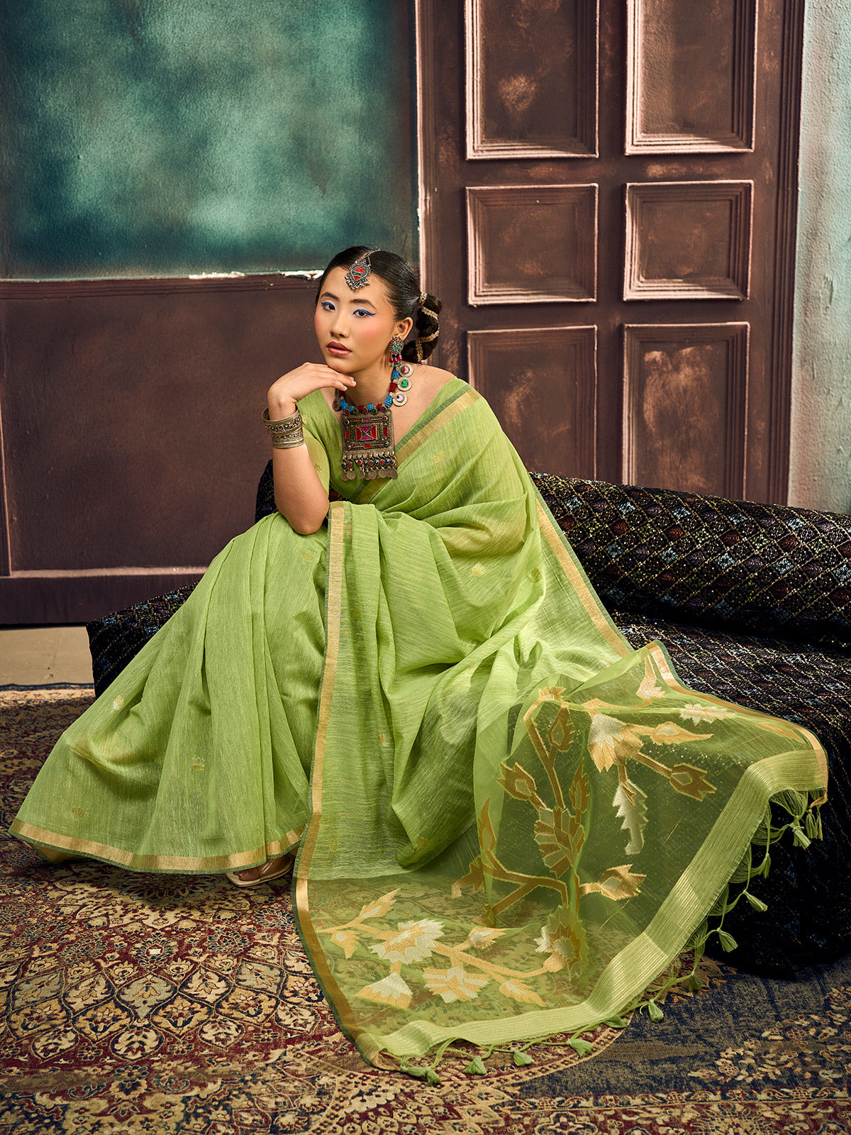 Green premium ethnic munga silk saree