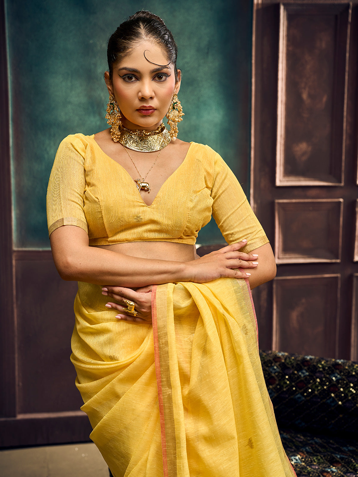 Mustard yellow heritage-inspired munga silk saree