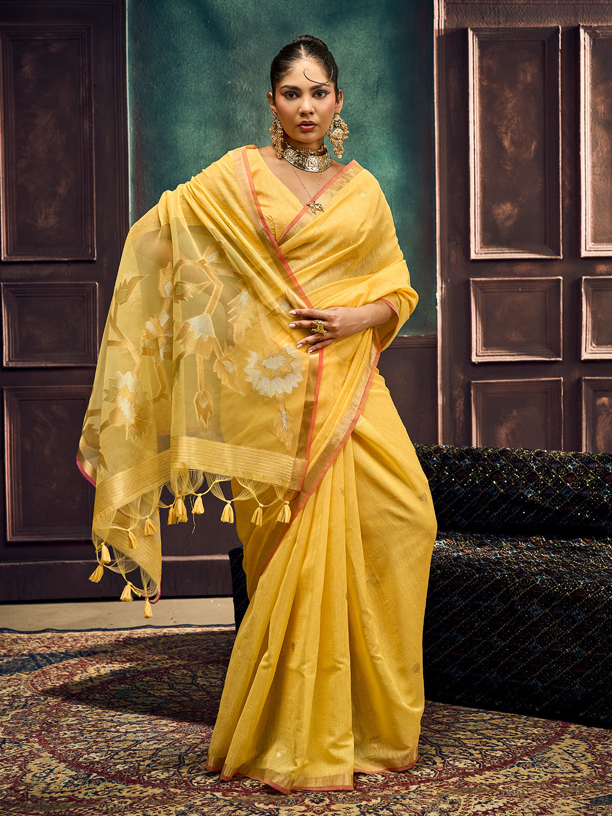 Mustard yellow heritage-inspired munga silk saree