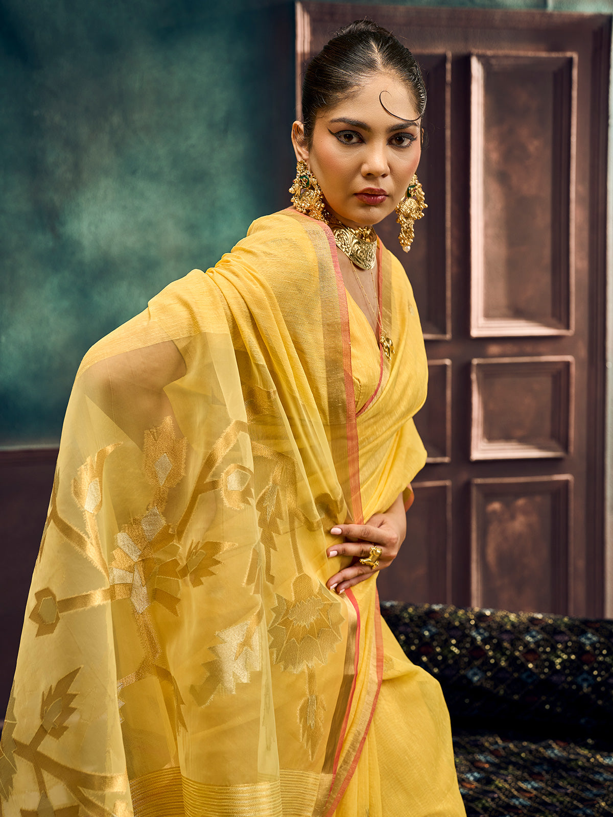 Mustard yellow heritage-inspired munga silk saree