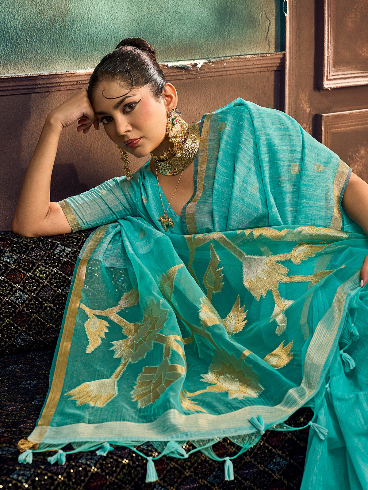 Sky blue traditional munga silk festive drape