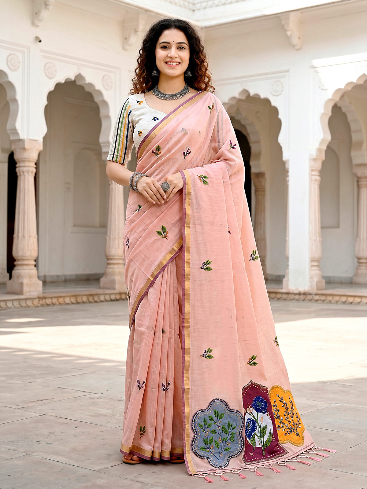 Peach designer printed cotton blend festive saree with zari accents