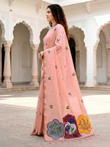 Peach designer printed cotton blend festive saree with zari accents