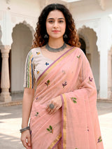 Peach designer printed cotton blend festive saree with zari accents
